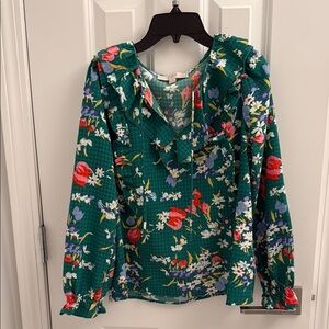 LOFT Green Ruffled Tie Front Blouse with Bib Collar